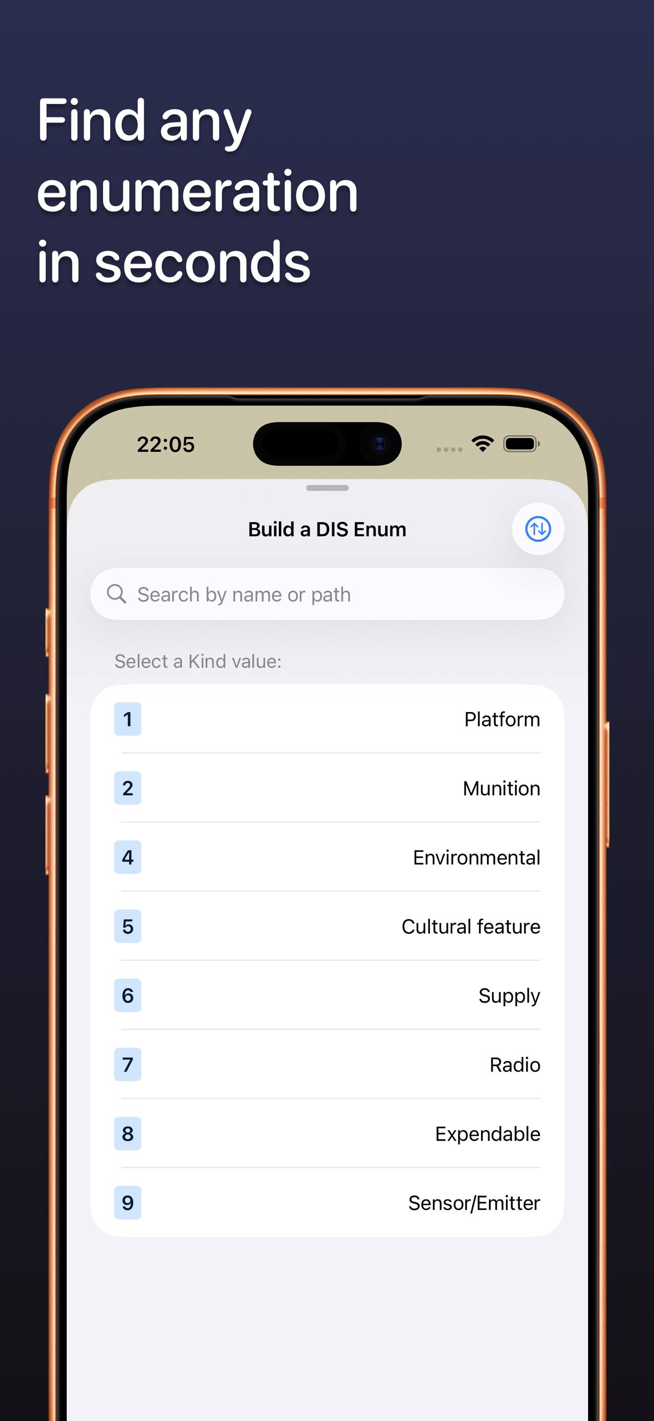 DE Dictionary - Main interface showing DIS enumeration hierarchy